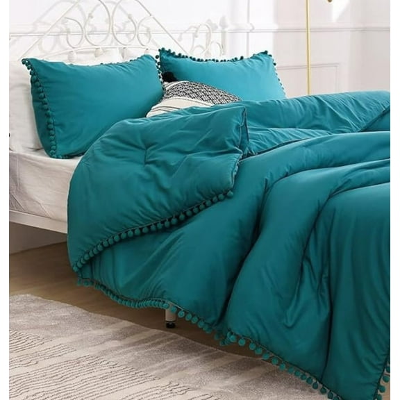 Boho Pompom Duvet Cover Set For Bedroom Pompom Bedding Set Breathable Turquoise Cover 8Corner tie For Closure Zipper Bohemian Bedding Set