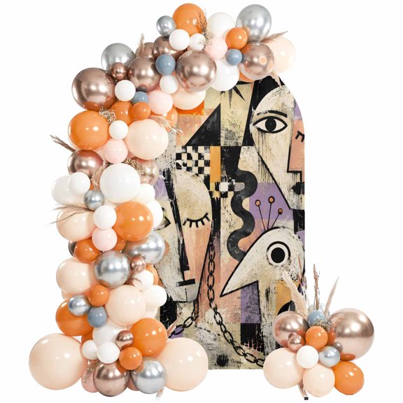 Boho Portrait Arch Backdrop Cover 6Ft, Wedding Arch Covers Stretchy Backdrop, Abstract Geometric Face Eyes Modern Art Fitted 2 Sided Arched Photo Background for Birthday Party Decorations