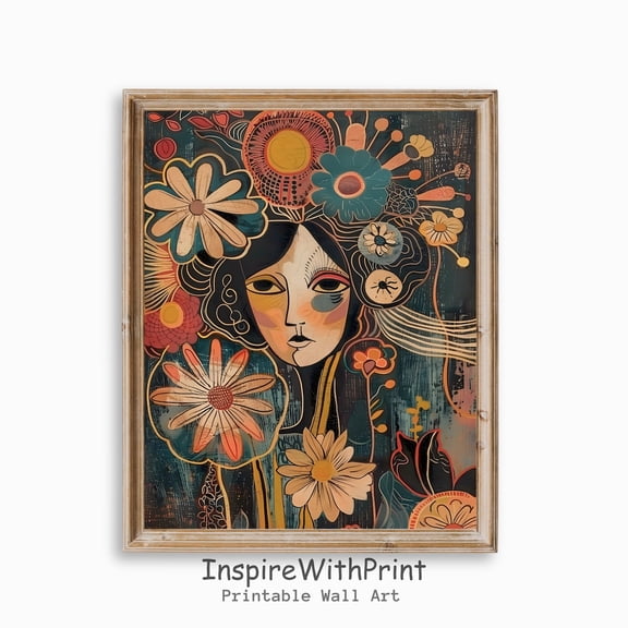 Boho Portrait Poster Abstract Woman Portrait with Flower Head Wall Art, Printable Boho Art Poster MCM Wall Decor, Mid Century Modern Art, Size 24x36 UNFFRAMED F03.1.6l618
