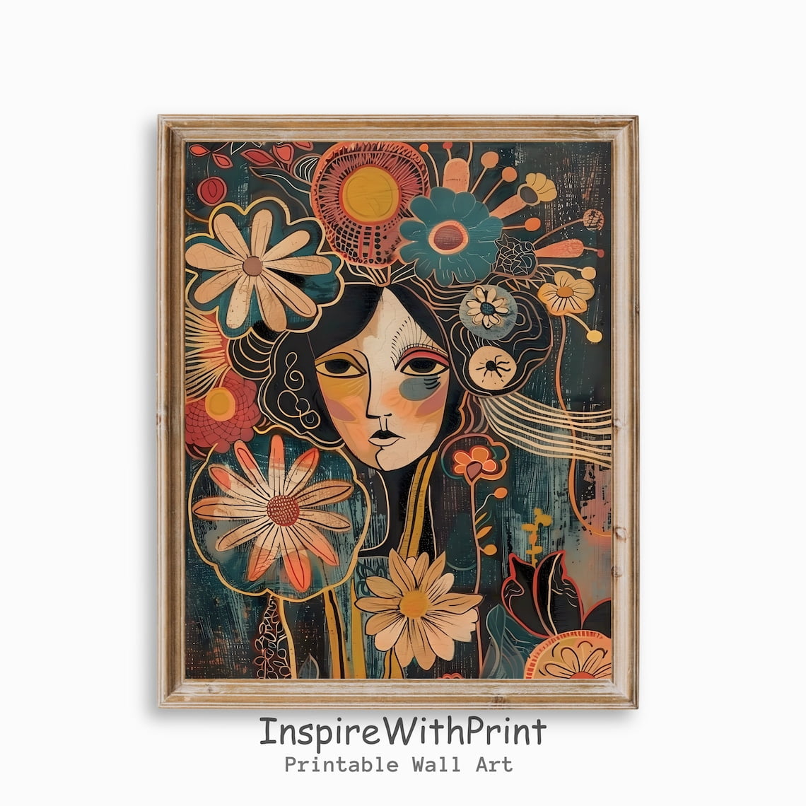 Boho Portrait Poster Abstract Woman Portrait with Flower Head Wall Art ...