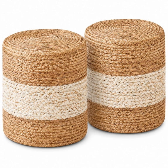 Boho Pouf Ottomans Set of 2, 14 Inch Natural Grass Footstool, Handwoven ...