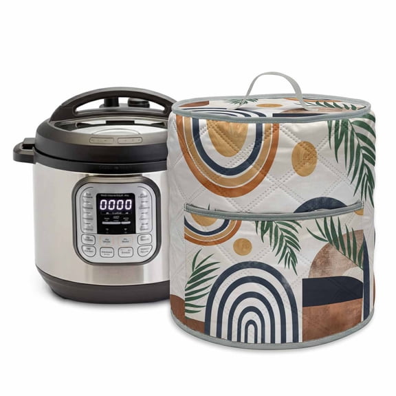 Boho Pressure Cooker Cover Leaf Geometric Neutral Mid Century Dust Cover for Kitchen Appliances with Top Handle & Storage Pockets, Fits 6 Quart Instant Pot, Air Fryer, Crock Pot