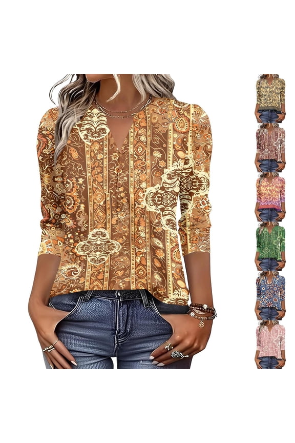 Boho Print Blouse for Women, V-Neck 3/4 Sleeve Tunic Top with Button Detail - Loose Fit Bohemian Casual Shirt for Fall & Winter Blue L