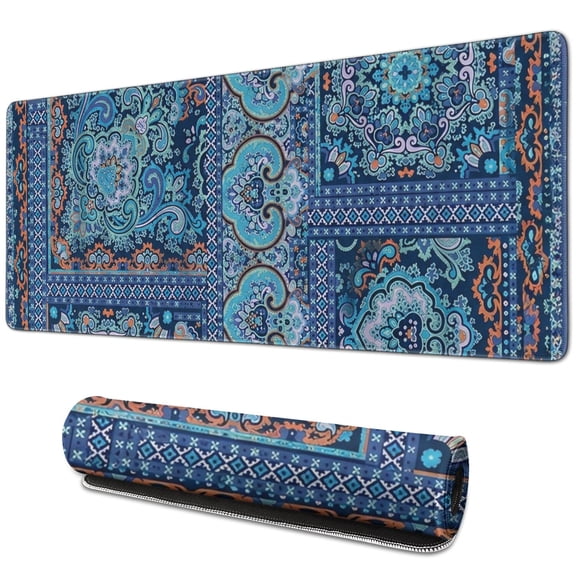 Boho Print Extended Mouse Pad, Large Stitched Edge Desk Mat with Non-Slip Rubber Base, Computer Keyboard Mat and Desk Protector for Gaming, Laptop, Home Office, 31.5 x 11.8 in
