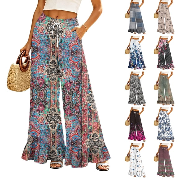 Boho Print Palazzo Pants for Women, High Waist Drawstring Wide Leg Trousers - Summer Flowy Ruffle Hem Lounge Bottoms Beige M
