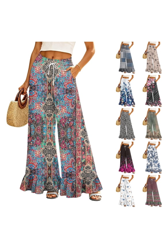 Boho Print Palazzo Pants for Women, High Waist Drawstring Wide Leg Trousers - Summer Flowy Ruffle Hem Lounge Bottoms Dark Blue L