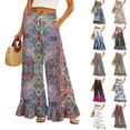 thumbnail image 1 of Boho Print Palazzo Pants for Women, High Waist Drawstring Wide Leg Trousers - Summer Flowy Ruffle Hem Lounge Bottoms Multicolor XXL, 1 of 7