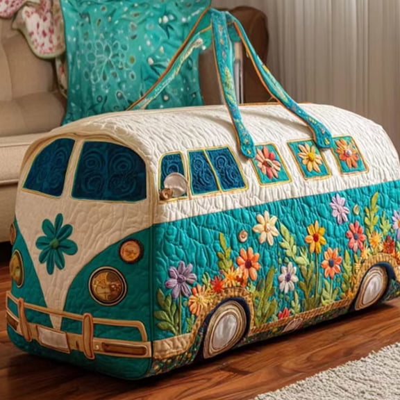 Boho Psychedelic Floral Duffle Bag - Large Quilted Canvas Overnight Bag for Women, Unique Hippie Bus Theme Gym Tote and Weekender, Available in Two Travel Sizes(P, 18"x9"x9")