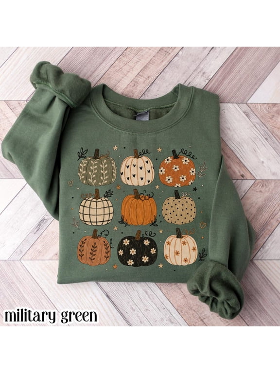 Boho Pumpkin Sweatshirt – Cute Fall Pumpkin Pattern Crewneck – Autumn Aesthetic Cottagecore Sweater – Harvest Season Pullover – Thanksgiving Gift