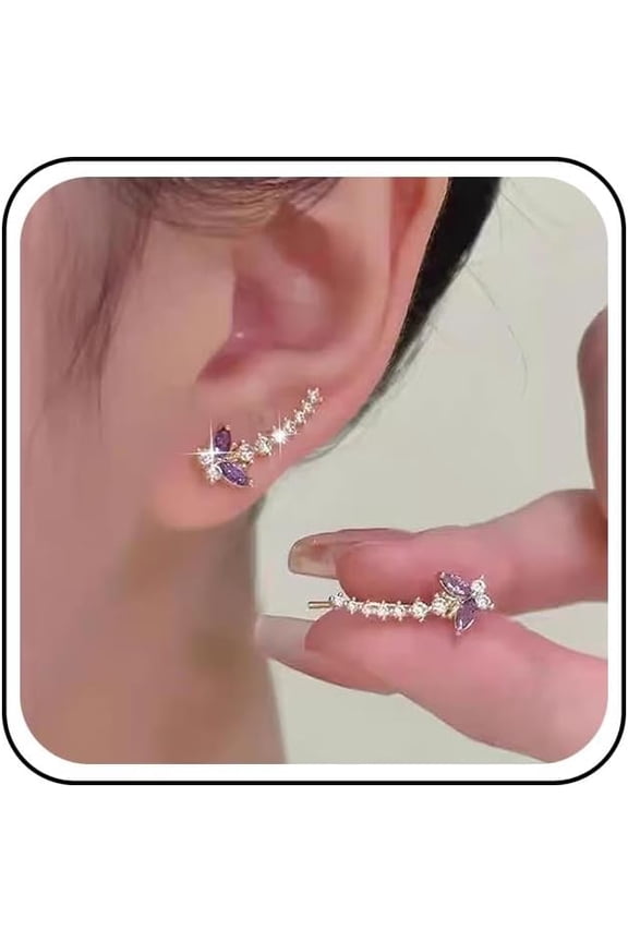 Boho Purple Crystal Butterfly Earrings Rhinestone Ear Climber Earrings Gold CZ Crawler Earrings Purple Butterfly Stud Earrings Wedding Cubic Zirconia Earrings Jewelry for Women