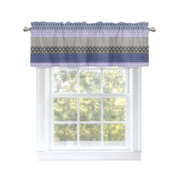 Boho Purple Curtain Valances for Windows, Navy Geometric Stripes Tribal Black Bohemia Kitchen Valance Window Treatment, Light Filtering Block Curtains for Bathroom/Bedroom/Living Room 42'' x 18''