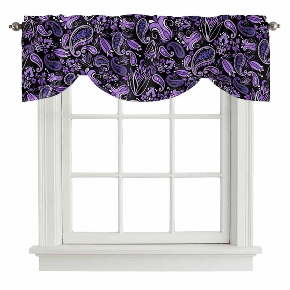 Boho Purple Floral Tie Up Valance Curtains for Windows, Kitchen Curtains Window Treatments, Farmhouse Botanical Vintage Paisley Flower Short Window Shades Valances for Bedroom Bathroom Cafe 54"x18"