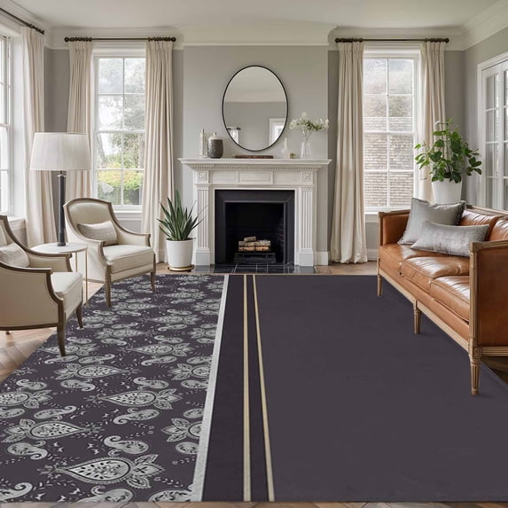 Boho Purple Flower Area Rugs 6'x9', Washable Small Throw Rugs for Kitchen Dining room, Abstract Bohemia Pesley Floral Indoor Outdoor Rug Non-Slip Low Pile Carpet Runner Reversible Floor Mats