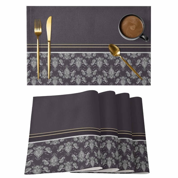 Boho Purple Flower Placemats Set of 8, Abstract Bohemia Pesley Floral Placemats for Dining Table, Place Mats for Kitchen Tabletop, Waterproof Wipeable Dining Table Mats Set