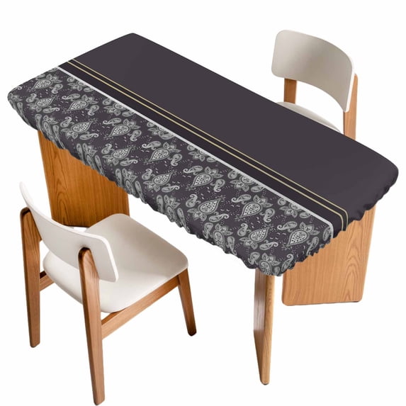 Boho Purple Flower Table Cloths for 3 Foot Rectangle Tables, Abstract Bohemia Pesley Floral Patio Waterproof Elastic Fitted Tablecloths, Washable Rectangular Table Cover for Camping