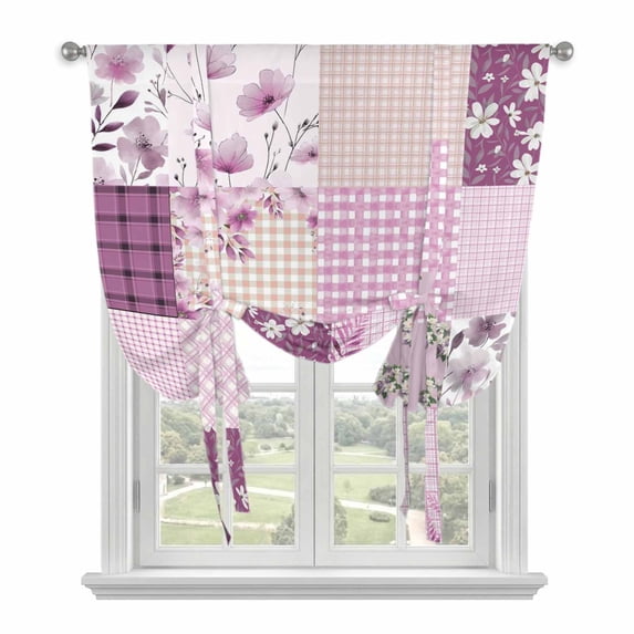 Boho Purple Flowers Balloon Curtains for Bedroom/Front Door/Bathroom, Spring Floral Botanical Patchwork Vintage Tie Up Curtains 63 Inch Length Kitchen Curtains Shades for Windows 46"x63"
