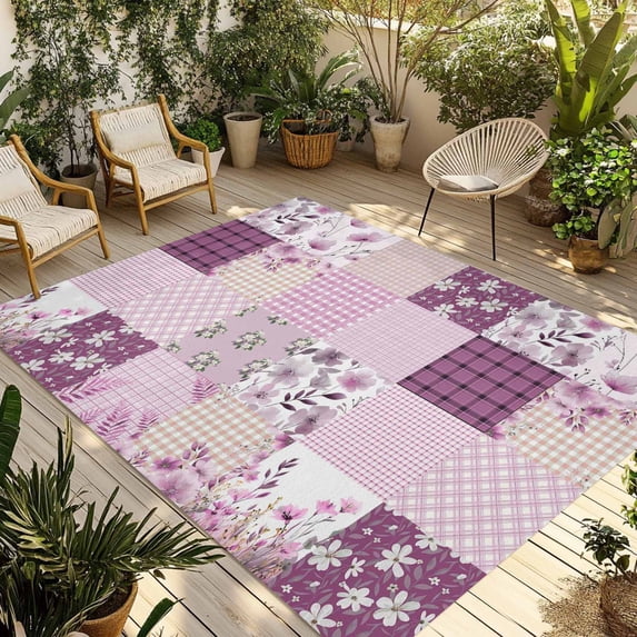 Boho Purple Flowers Outdoor Rug for Patio/Deck/Porch, Non-Slip Large Area Rug 5 x 8 Ft, Spring Floral Botanical Patchwork Vintage Indoor Outdoor Rugs Washable Area Rugs, Camping Rug Carpet Runner