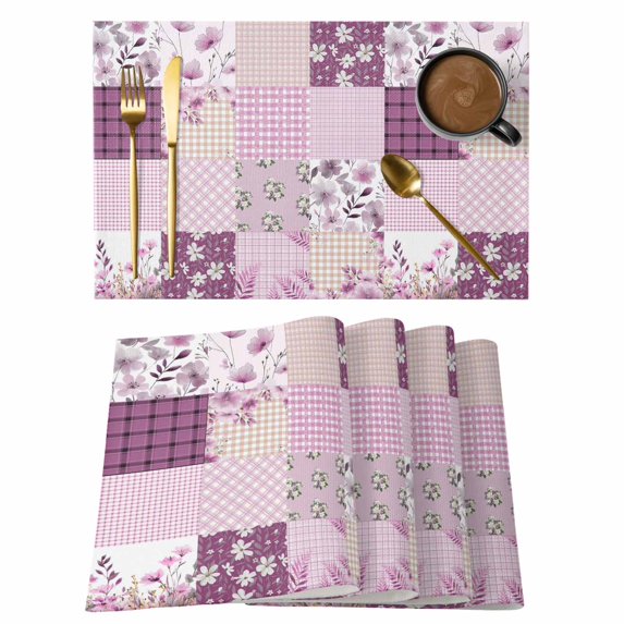Boho Purple Flowers Placemats Set of 6, Spring Floral Botanical Patchwork Vintage Placemats for Dining Table, Place Mats for Kitchen Tabletop, Waterproof Wipeable Dining Table Mats Set