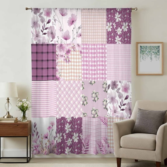 Boho Purple Flowers Sheer Curtains 63 Inches Long, Spring Floral Botanical Patchwork Vintage Light Filering Curtains, Breathable Simi Curtain Privacy Drapes for Living Room Bedroom Window Treatment