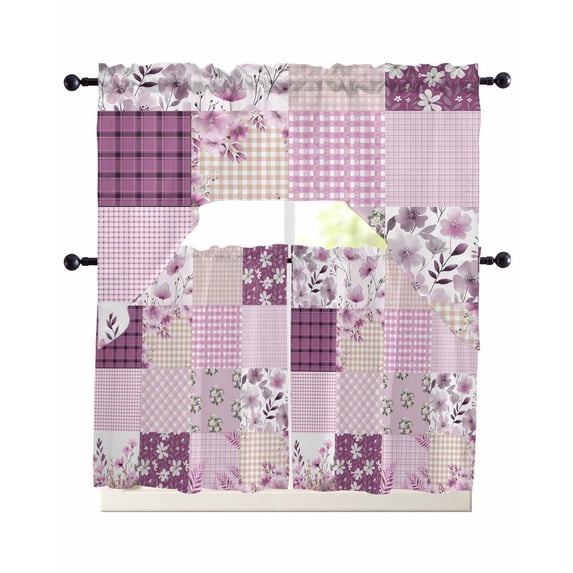 Boho Purple Flowers Swag Kitchen Curtains Sets for Windows 24 Inch Length, Spring Floral Botanical Patchwork Vintage Short Window Curtain Swags Valances and Tiers 3 Piece Set for Cafe/Dining Room