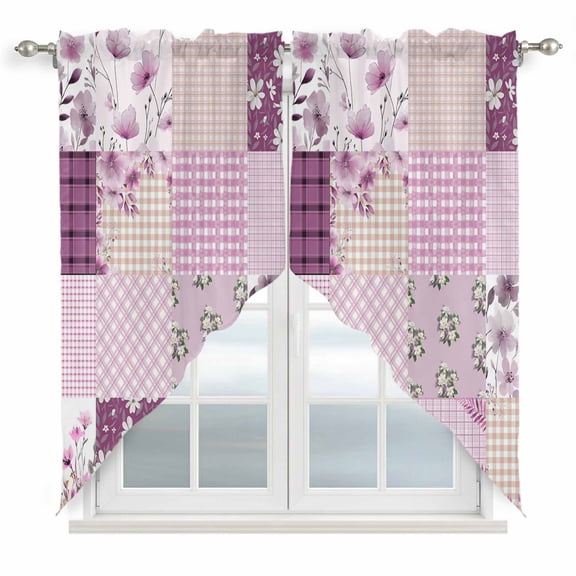 Boho Purple Flowers Swag Valances for Windows, Kitchen Curtains 36 Inch Length 2 Panels Set, Spring Floral Botanical Patchwork Vintage Short Curtains for Small Windows Cafe Curtains 28"x36"
