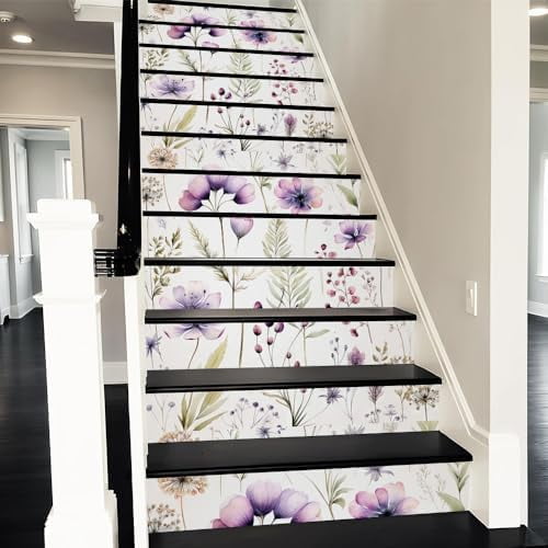 Boho Purple Wildflower Peel and Stick Vinyl Stair Riser Decals Staircase Tile Stair Stickers Abstract Boho Art Modern Decoration Self-Adhesive Home Decor Stair Decals (14Pcs)$$Tools