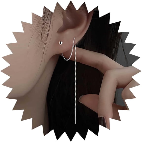 Boho Quality Long Chain Dangle Earrings Silver Chain Threader Earrings Cube Ear Threader Earrings Chain Thread Through Earrings Sleek Chain Drop Earrings Jewelry for Women（Cube)[m736]