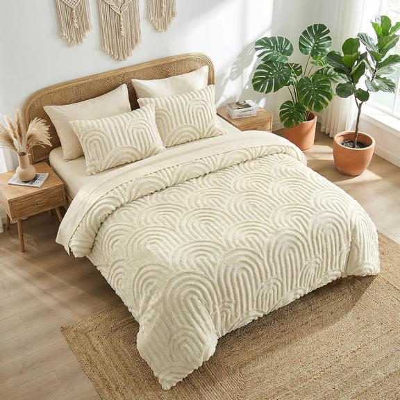 Boho Queen Comforter Set, 7 Pcs Tufted Beige Bedding Sets, Soft Cozy Chic Bed in a Bag, Arch Pattern Shabby Bed Set All Season with Comforter, Fitted Sheet, Flat Sheet & Pillowcases