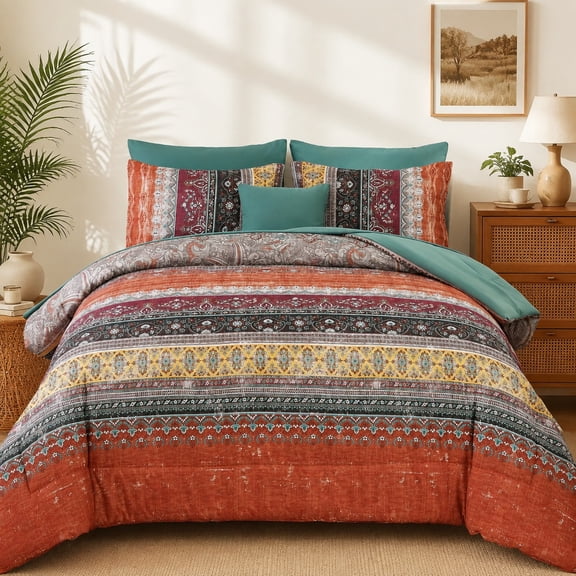 Boho Queen Comforter Set 8 Pieces, Orange and Green Bohemian Striped Paisley Soft Microfiber Bedding Set