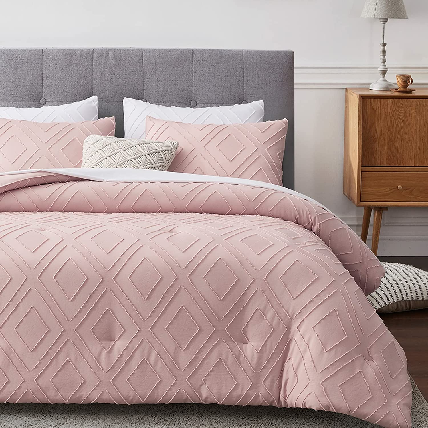 Boho Queen Comforter Set,Blush Pink Rhombus Tufted Queen Size Comforter