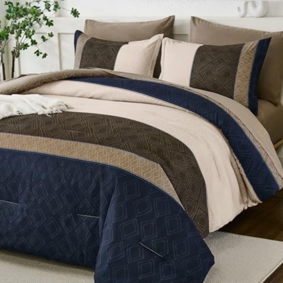 Boho Queen Comforter Set Navy Brown7 Piece Bed in a Bag Queen Size Warm Striped Dark Blue Bedding Sets Plaid Fall Comforters Set with Sheets for Family All Season
