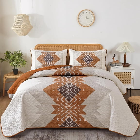 Boho Queen Quilt Set 3 Pieces Aztec Texture Bedspread Coverlet Bohemian Bedding Microfiber Lightweight Bed Cover for All Seasons (Terracotta, 90"96")