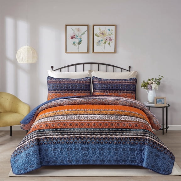 Bohemian Quilt Set Queen Size,3 Pcs Blue Boho Stripe Bedding set Lightweight Adult(90"x96")