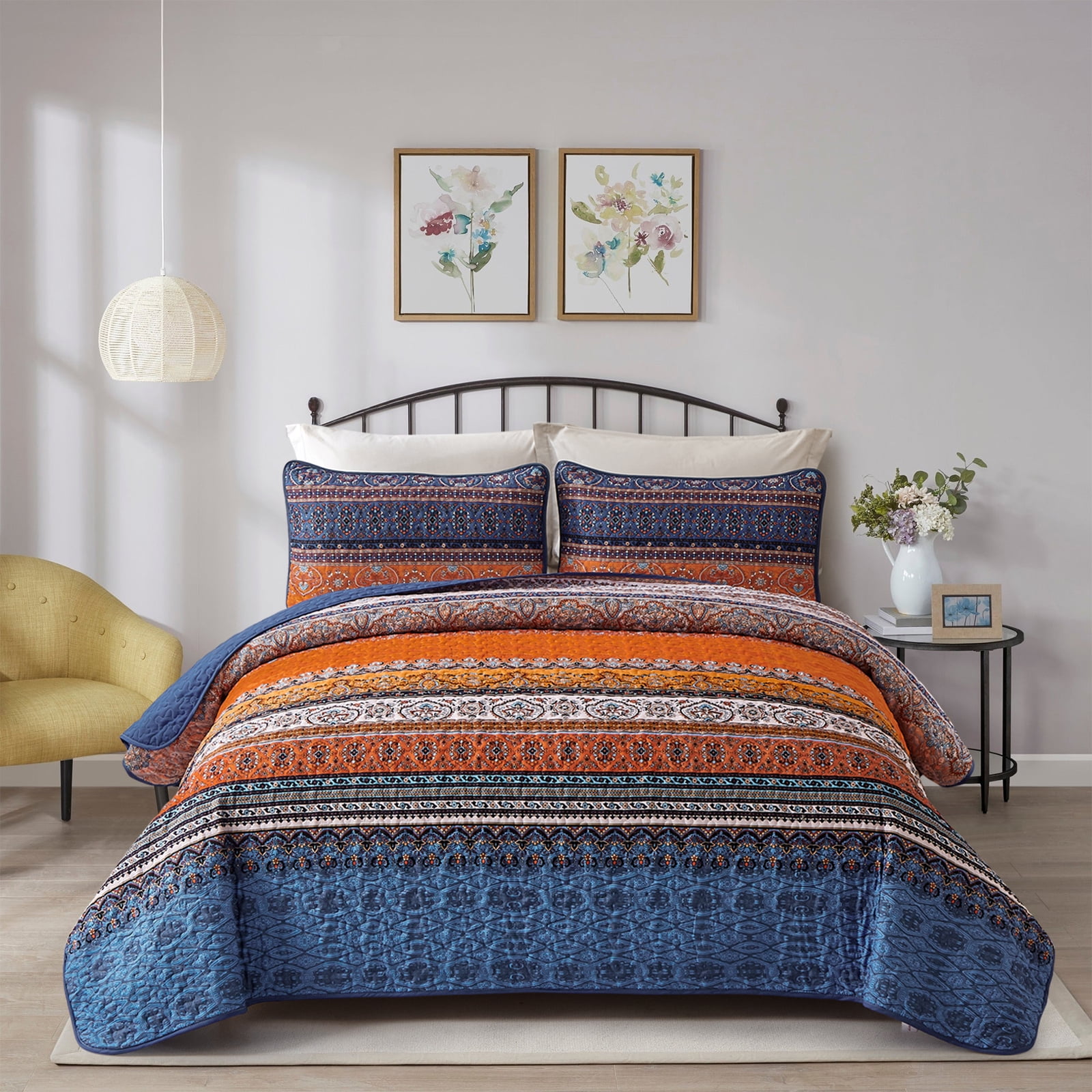 Boho Queen Quilt Set, Blue and Orange Bohemian Queen Quilt Bedding Set ...