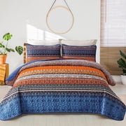 Bohemian Quilt Set Queen Size,3 Pcs Blue Boho Stripe Bedding set Lightweight Adult90"x96"