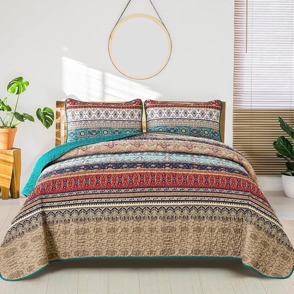 Bohemian Quilt Set Queen Size,3 Pcs Stripe Boho Bedding Set Lightweight Adult(90"x96")