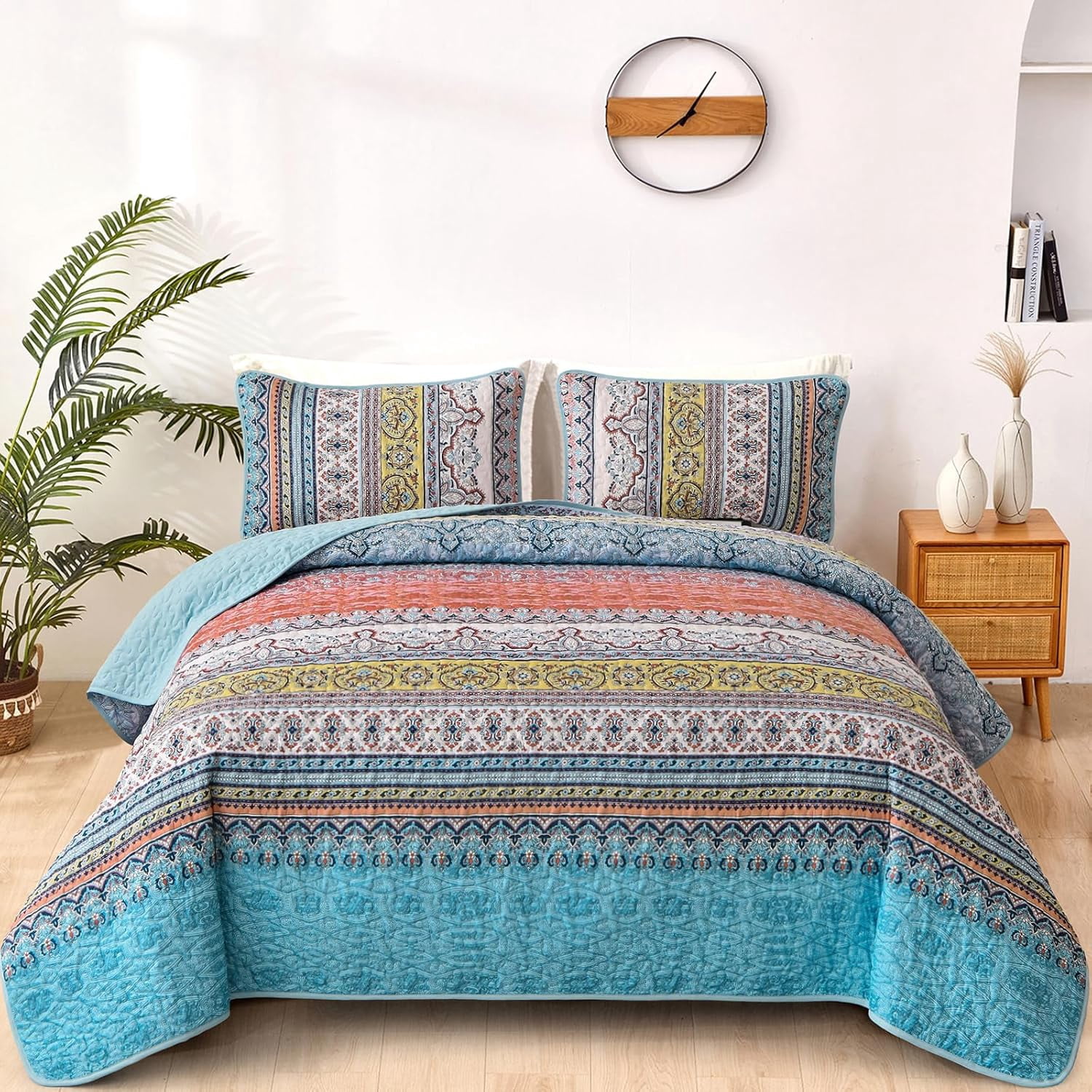 Boho Queen Quilt Set, Pink and Blue Bohemian Quilt Bedding Set ...