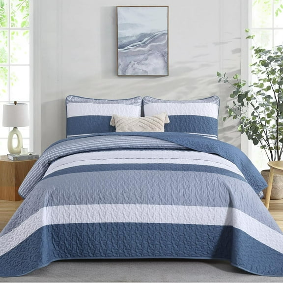 Boho Queen Quilt Set Striped Bedspread Coverlet Bed Mineral Blue Bedding Sets for All Season