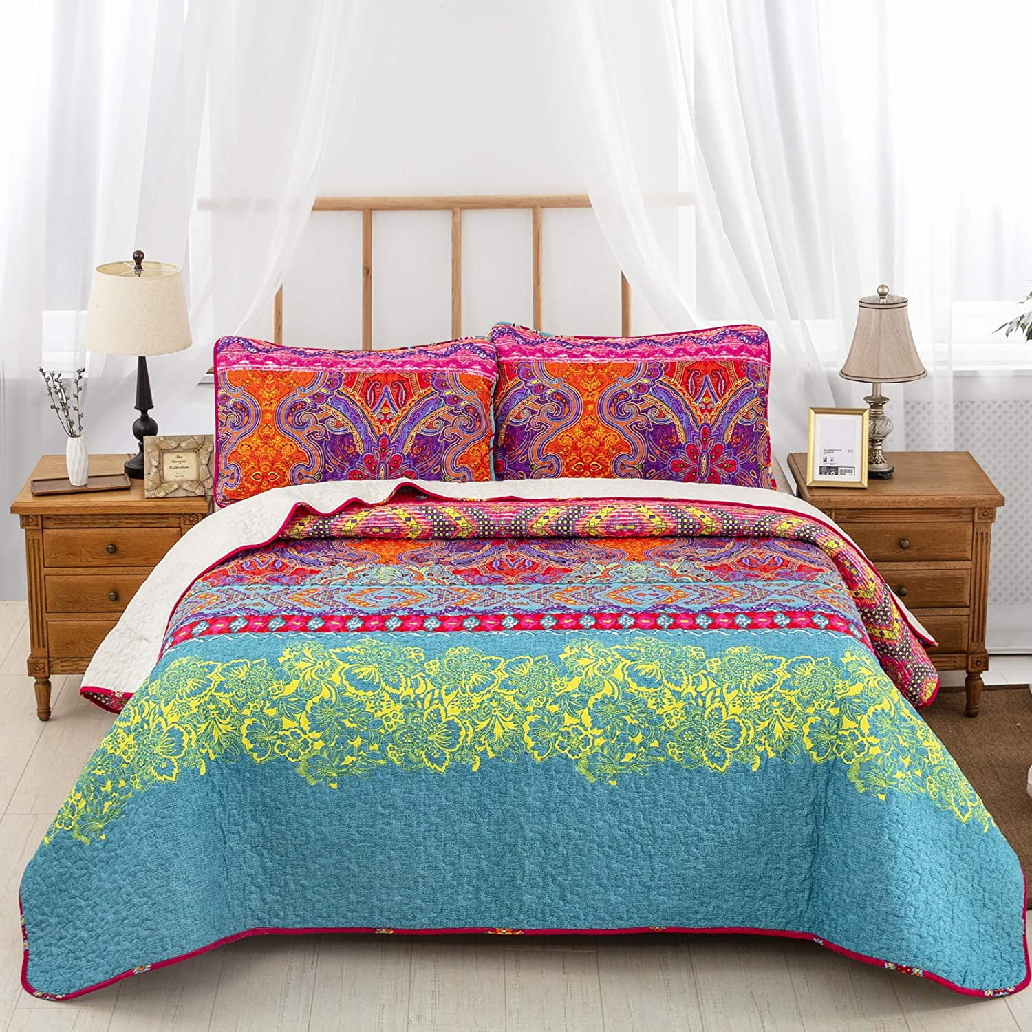 Boho Queen Quilt Set, Yellow Orange Bohemian Queen Quilt Bedding Set ...