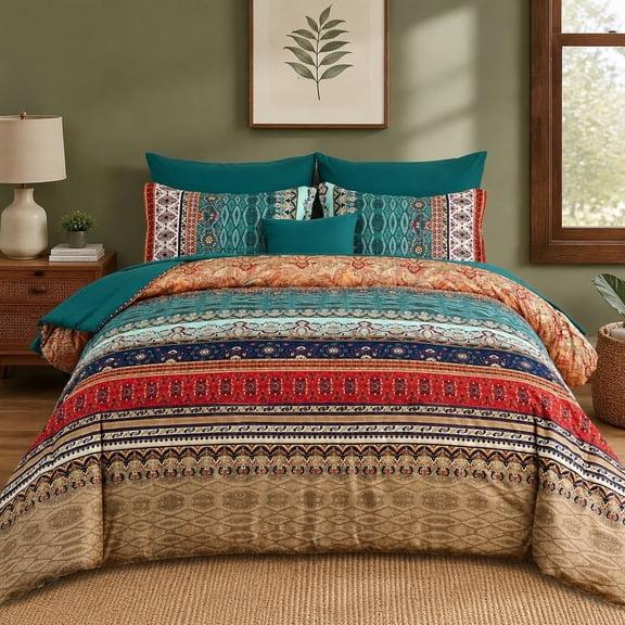 Boho Queen Size Comforter Set 8 Pieces, Green and Brown Striped Floral Soft Microfiber Bedding Bundle