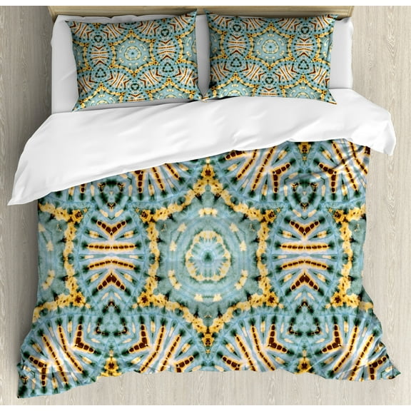 Boho Queen Size Duvet Cover Set, Tribal Boho Pattern with Odd Geometric Triangles Sacred Shapes Oriental Art Print, Decorative 3 Piece Bedding Set with 2 Pillow Shams, Blue Yellow, by Ambesonne
