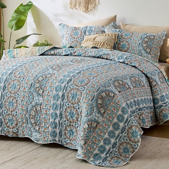Boho Quilt Bedding Set,Teal Blue, Striped Design, 3 count Lightweight Reversible Microfiber Bedspread Coverlet with 2 Pillowcase