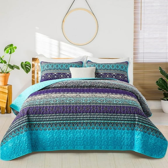 Boho Quilt Full Size Purple Blue Bohemian Lightweight Microfiber Bed Decor Bedspread for All Season 90"x78"