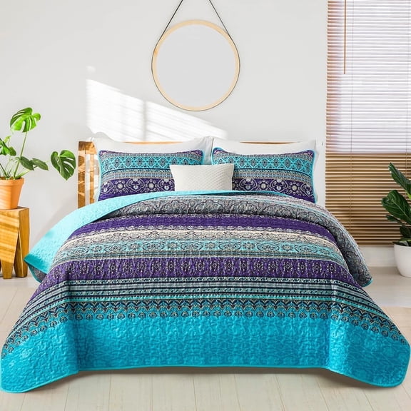 Boho Quilt Queen Size Purple Blue Bohemian Lightweight Microfiber Bed Decor Bedspread for All Season 96"x90"