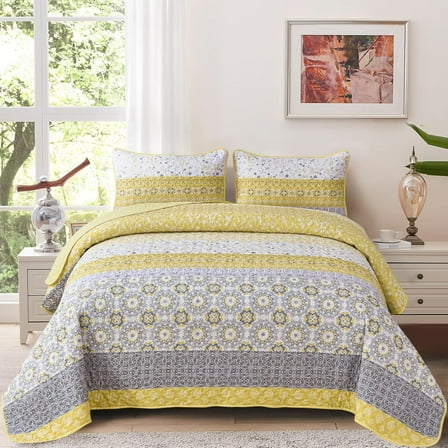 Boho Quilt Set Cal King Size Yellow Bohemian Striped Patchwork Bedspread Coverlet Set Bedding Set 112"×96"