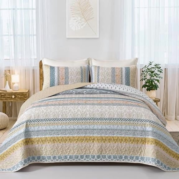 Boho Quilt Set Full Size, Yellow Bohemian 3 Pieces Fall Quilt Sets, Blue Lightweight Bedspread Coverlet Bedding Set for All Season (78"x90")