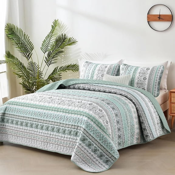 Boho Quilt Set King Size,3 Piece Mint Green Bohemian Striped Bedspread Coverlet Set with 2 Pillow Cases Lightweight Soft Microfiber Bedding Set for All Seasons (104"x90")