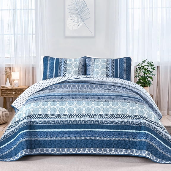 Boho Quilt Set King Size  Navy Blue Bohemian 3 Pieces Sets Lightweight Microfiber Bedspread Coverlet For All Season (104"x90")
