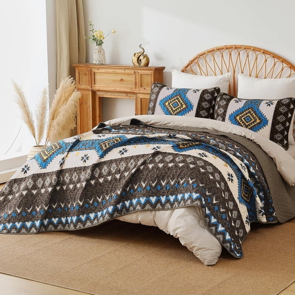 Boho Quilt Set King Size,  Western Brown Quilt Bedspread Set, 3 Pieces Bohemian Southwestern Stripe Bedding Set Soft Lightweight Coverlet Set for All Season