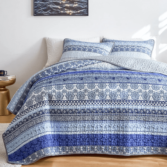 Bohemian Quilt Set Queen Size,3Pcs Blue Stripe Bedding Set Lightweight Adult(90"x 96")